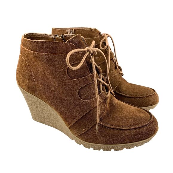 MIA Women's Berdina Ankle Booties 9 M Brown Suede Leather Wedge Lace Up Boots - Picture 1 of 11